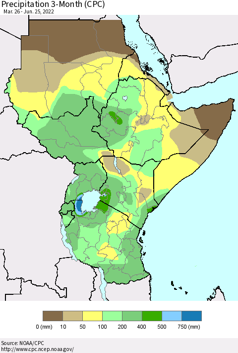 Eastern Africa Precipitation 3-Month (CPC) Thematic Map For 3/26/2022 - 6/25/2022