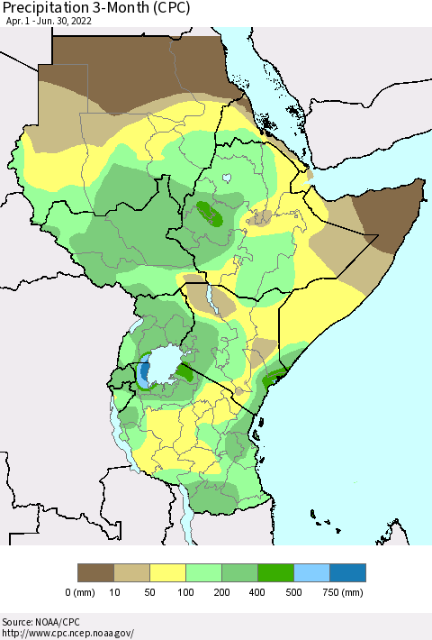 Eastern Africa Precipitation 3-Month (CPC) Thematic Map For 4/1/2022 - 6/30/2022