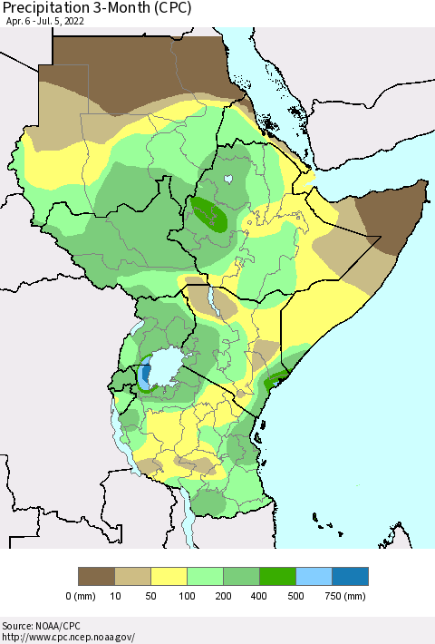 Eastern Africa Precipitation 3-Month (CPC) Thematic Map For 4/6/2022 - 7/5/2022