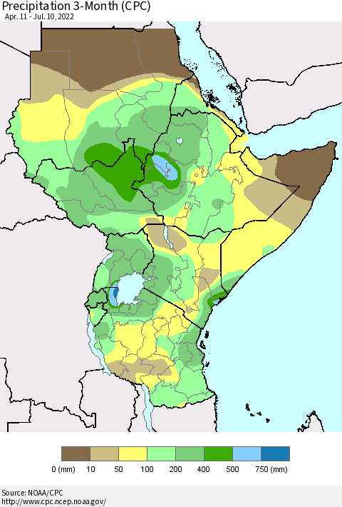 Eastern Africa Precipitation 3-Month (CPC) Thematic Map For 4/11/2022 - 7/10/2022