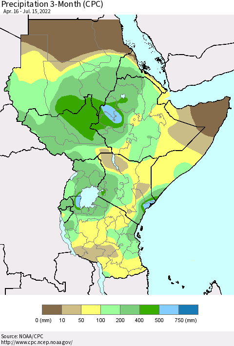 Eastern Africa Precipitation 3-Month (CPC) Thematic Map For 4/16/2022 - 7/15/2022