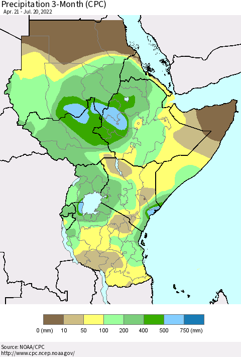 Eastern Africa Precipitation 3-Month (CPC) Thematic Map For 4/21/2022 - 7/20/2022