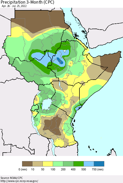 Eastern Africa Precipitation 3-Month (CPC) Thematic Map For 4/26/2022 - 7/25/2022