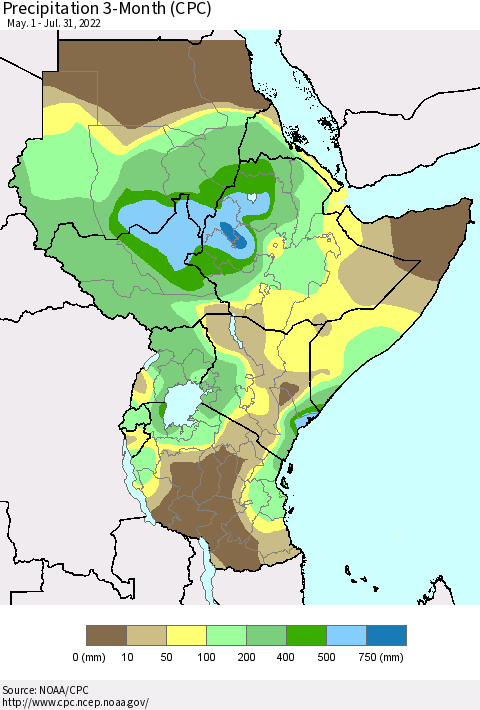 Eastern Africa Precipitation 3-Month (CPC) Thematic Map For 5/1/2022 - 7/31/2022