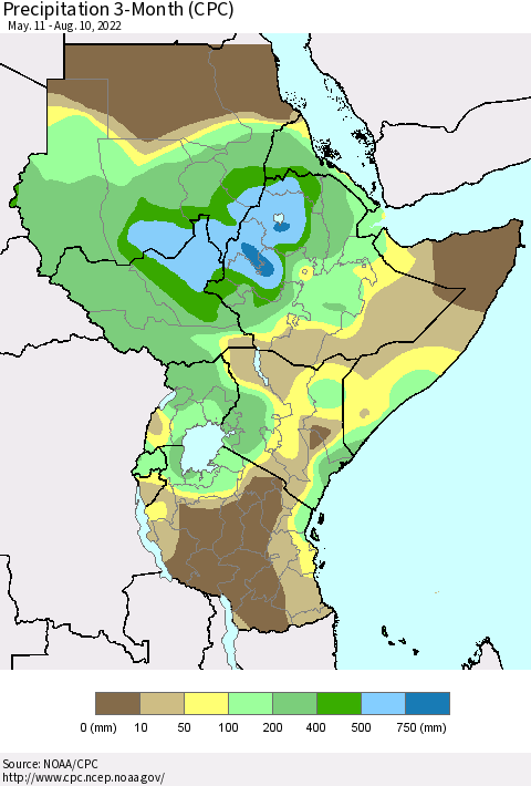 Eastern Africa Precipitation 3-Month (CPC) Thematic Map For 5/11/2022 - 8/10/2022