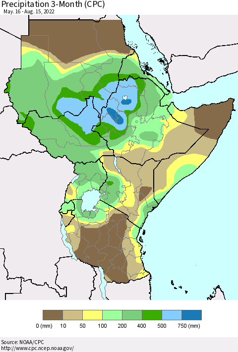 Eastern Africa Precipitation 3-Month (CPC) Thematic Map For 5/16/2022 - 8/15/2022