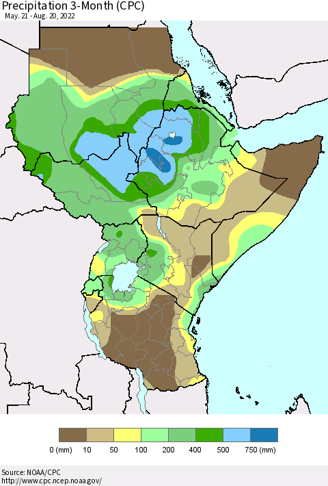 Eastern Africa Precipitation 3-Month (CPC) Thematic Map For 5/21/2022 - 8/20/2022