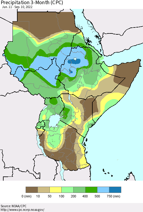 Eastern Africa Precipitation 3-Month (CPC) Thematic Map For 6/11/2022 - 9/10/2022