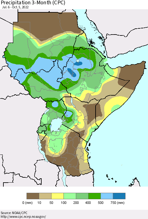 Eastern Africa Precipitation 3-Month (CPC) Thematic Map For 7/6/2022 - 10/5/2022