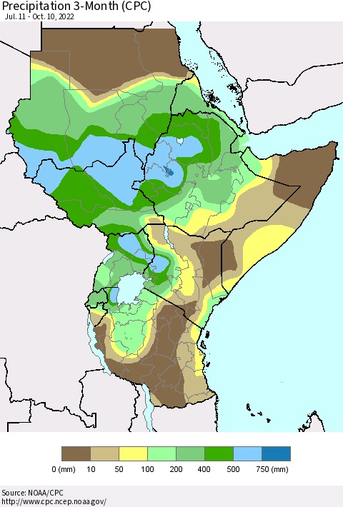 Eastern Africa Precipitation 3-Month (CPC) Thematic Map For 7/11/2022 - 10/10/2022
