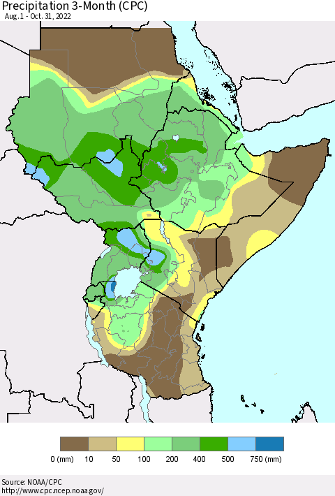 Eastern Africa Precipitation 3-Month (CPC) Thematic Map For 8/1/2022 - 10/31/2022