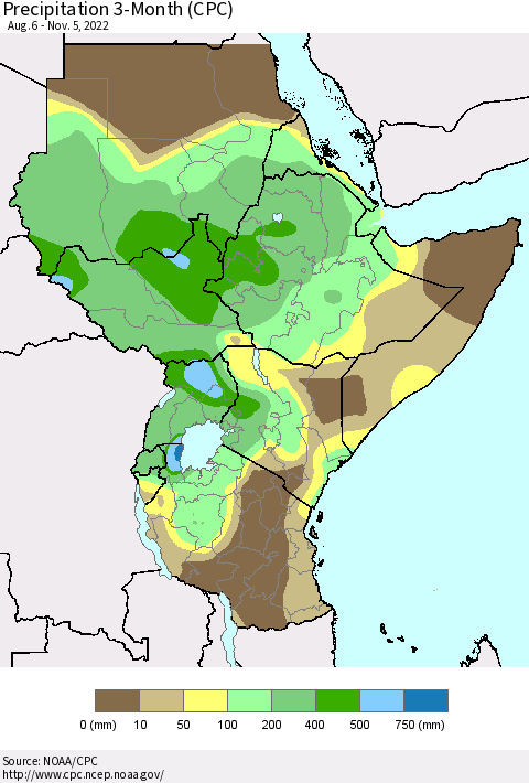 Eastern Africa Precipitation 3-Month (CPC) Thematic Map For 8/6/2022 - 11/5/2022