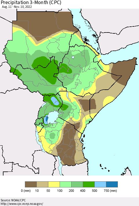 Eastern Africa Precipitation 3-Month (CPC) Thematic Map For 8/11/2022 - 11/10/2022