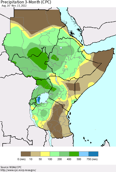 Eastern Africa Precipitation 3-Month (CPC) Thematic Map For 8/16/2022 - 11/15/2022