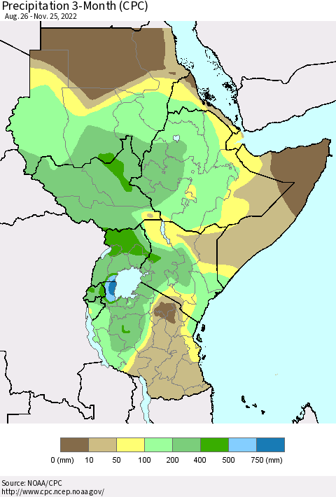 Eastern Africa Precipitation 3-Month (CPC) Thematic Map For 8/26/2022 - 11/25/2022