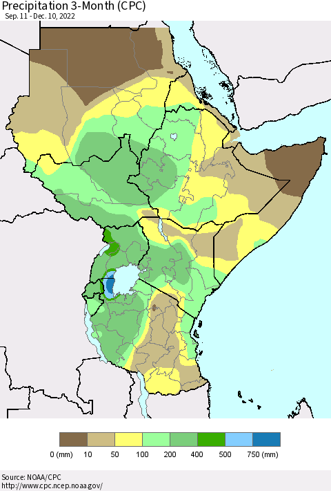 Eastern Africa Precipitation 3-Month (CPC) Thematic Map For 9/11/2022 - 12/10/2022