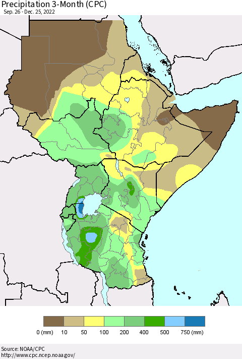 Eastern Africa Precipitation 3-Month (CPC) Thematic Map For 9/26/2022 - 12/25/2022