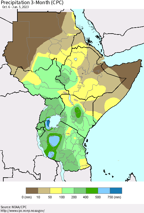 Eastern Africa Precipitation 3-Month (CPC) Thematic Map For 10/6/2022 - 1/5/2023