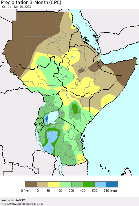 Eastern Africa Precipitation 3-Month (CPC) Thematic Map For 10/11/2022 - 1/10/2023
