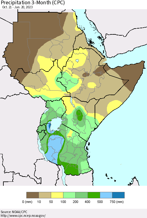 Eastern Africa Precipitation 3-Month (CPC) Thematic Map For 10/21/2022 - 1/20/2023