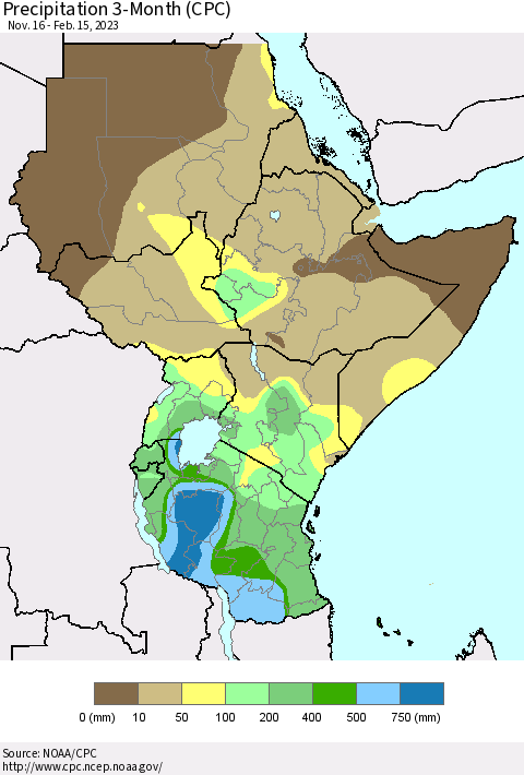 Eastern Africa Precipitation 3-Month (CPC) Thematic Map For 11/16/2022 - 2/15/2023