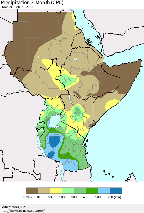 Eastern Africa Precipitation 3-Month (CPC) Thematic Map For 11/21/2022 - 2/20/2023