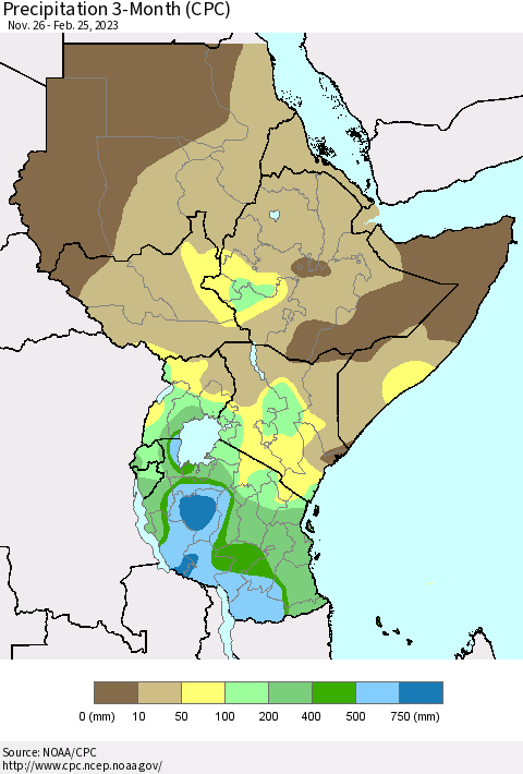 Eastern Africa Precipitation 3-Month (CPC) Thematic Map For 11/26/2022 - 2/25/2023