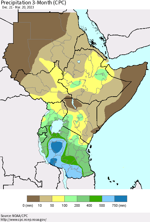 Eastern Africa Precipitation 3-Month (CPC) Thematic Map For 12/21/2022 - 3/20/2023
