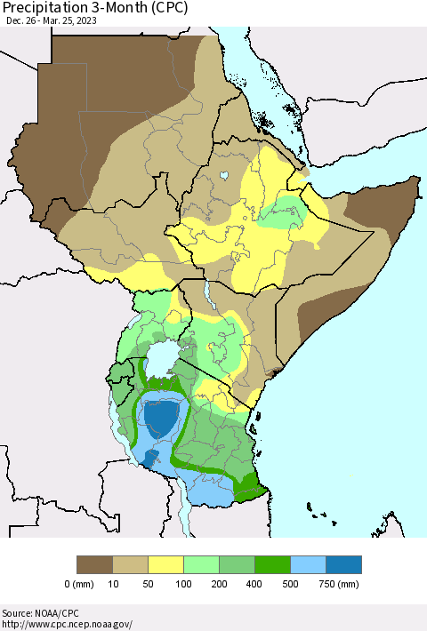 Eastern Africa Precipitation 3-Month (CPC) Thematic Map For 12/26/2022 - 3/25/2023