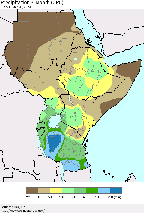 Eastern Africa Precipitation 3-Month (CPC) Thematic Map For 1/1/2023 - 3/31/2023