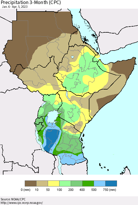 Eastern Africa Precipitation 3-Month (CPC) Thematic Map For 1/6/2023 - 4/5/2023