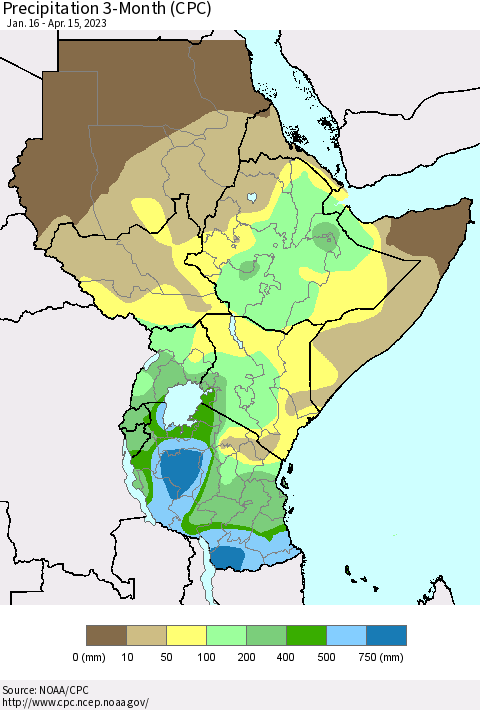 Eastern Africa Precipitation 3-Month (CPC) Thematic Map For 1/16/2023 - 4/15/2023