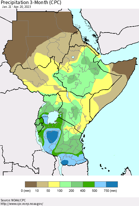 Eastern Africa Precipitation 3-Month (CPC) Thematic Map For 1/21/2023 - 4/20/2023