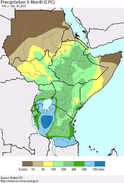 Eastern Africa Precipitation 3-Month (CPC) Thematic Map For 2/1/2023 - 4/30/2023