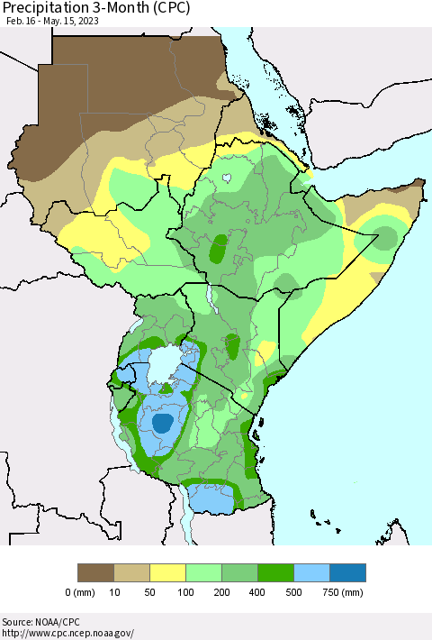 Eastern Africa Precipitation 3-Month (CPC) Thematic Map For 2/16/2023 - 5/15/2023