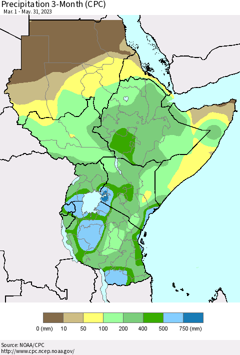 Eastern Africa Precipitation 3-Month (CPC) Thematic Map For 3/1/2023 - 5/31/2023