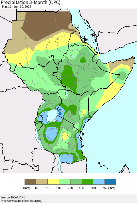 Eastern Africa Precipitation 3-Month (CPC) Thematic Map For 3/11/2023 - 6/10/2023