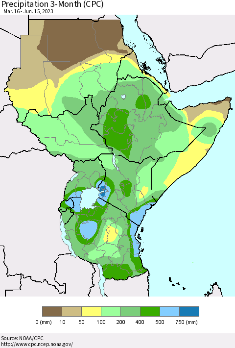 Eastern Africa Precipitation 3-Month (CPC) Thematic Map For 3/16/2023 - 6/15/2023