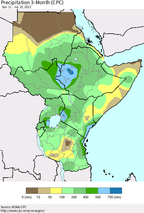 Eastern Africa Precipitation 3-Month (CPC) Thematic Map For 4/11/2023 - 7/10/2023