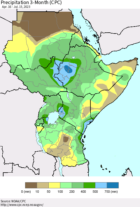 Eastern Africa Precipitation 3-Month (CPC) Thematic Map For 4/16/2023 - 7/15/2023