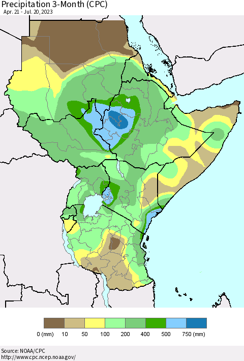 Eastern Africa Precipitation 3-Month (CPC) Thematic Map For 4/21/2023 - 7/20/2023