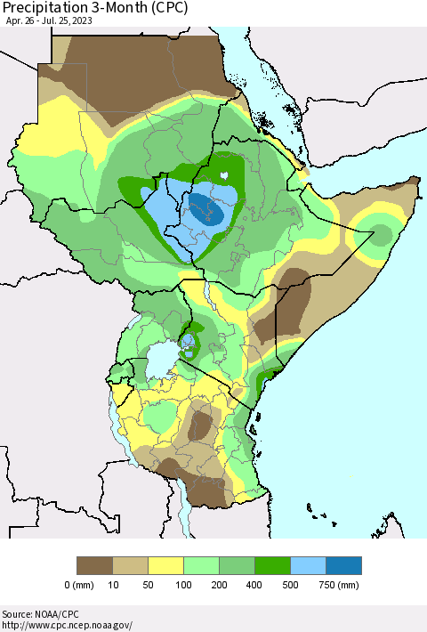 Eastern Africa Precipitation 3-Month (CPC) Thematic Map For 4/26/2023 - 7/25/2023