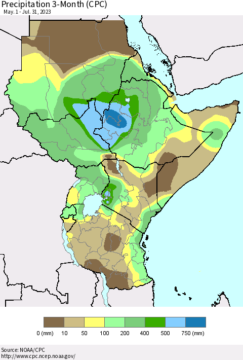 Eastern Africa Precipitation 3-Month (CPC) Thematic Map For 5/1/2023 - 7/31/2023
