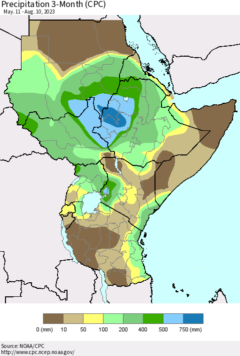 Eastern Africa Precipitation 3-Month (CPC) Thematic Map For 5/11/2023 - 8/10/2023