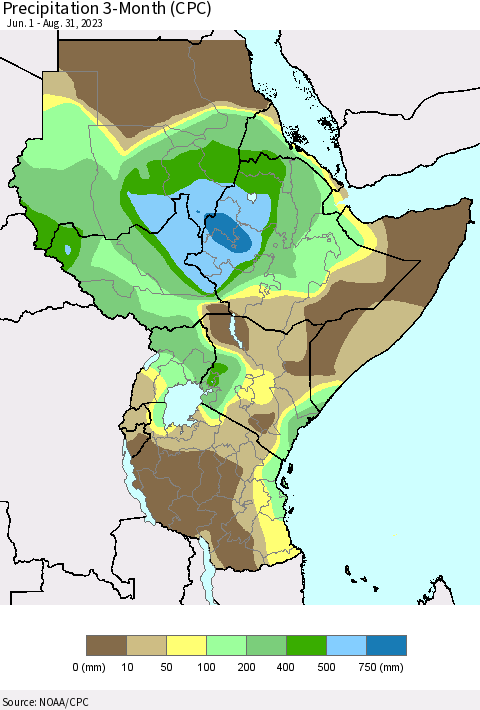Eastern Africa Precipitation 3-Month (CPC) Thematic Map For 6/1/2023 - 8/31/2023