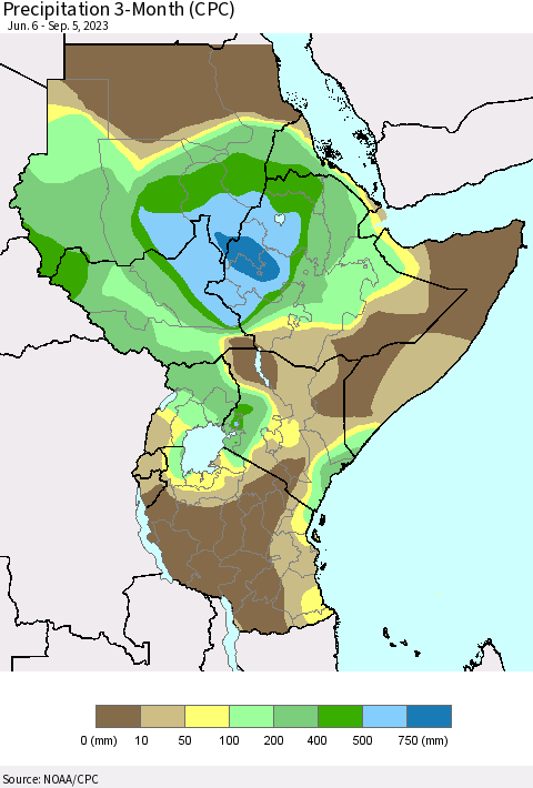 Eastern Africa Precipitation 3-Month (CPC) Thematic Map For 6/6/2023 - 9/5/2023