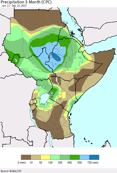 Eastern Africa Precipitation 3-Month (CPC) Thematic Map For 6/11/2023 - 9/10/2023