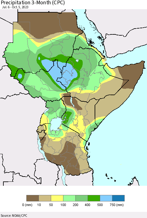 Eastern Africa Precipitation 3-Month (CPC) Thematic Map For 7/6/2023 - 10/5/2023