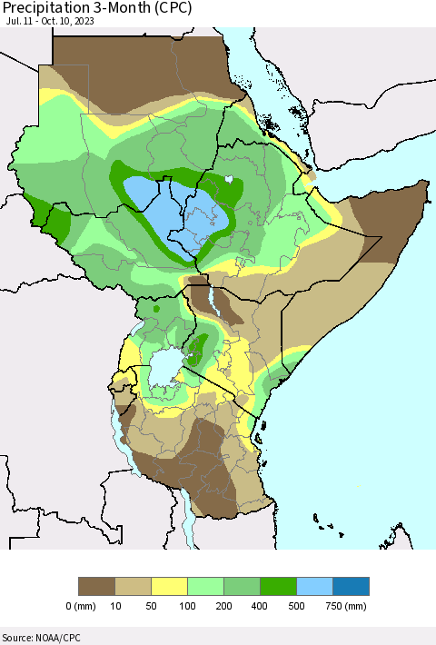 Eastern Africa Precipitation 3-Month (CPC) Thematic Map For 7/11/2023 - 10/10/2023