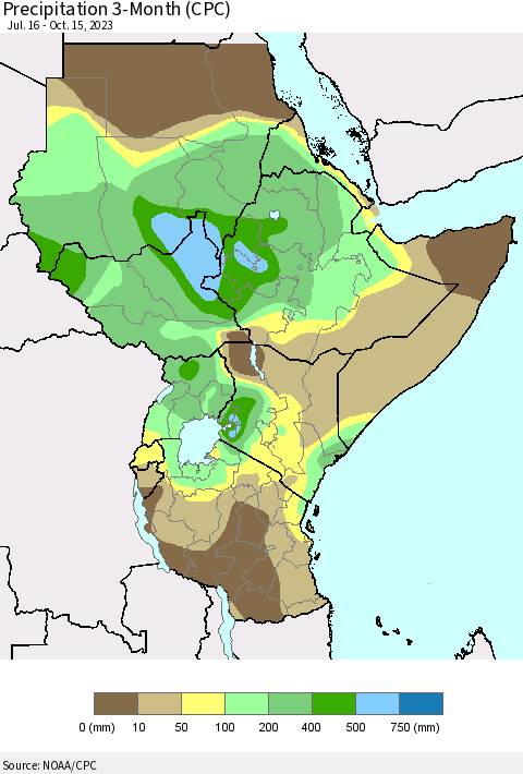 Eastern Africa Precipitation 3-Month (CPC) Thematic Map For 7/16/2023 - 10/15/2023